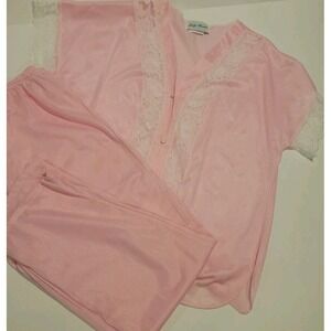 Vintage Lady Ronte Pajama Set Nylon Pink Lace White Retro Sexy Romantic Large